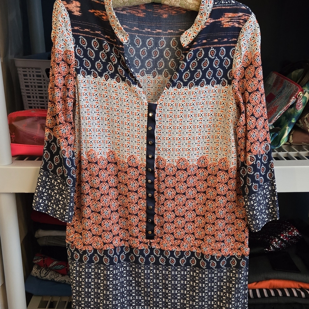 Zara Basic Coral and Navy Patterned Top
